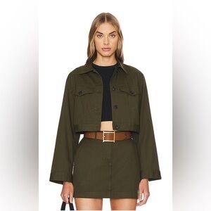 Theory Crop Trucker Jacket Dark Olive Cotton Stretch Button Front Size L NWT
